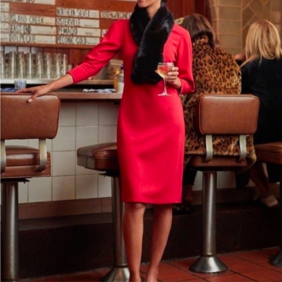 J. McLaughlin Dress Women's Large Ezra Red Stretch Ponte Puff Sleeve Christmas - Picture 1 of 11